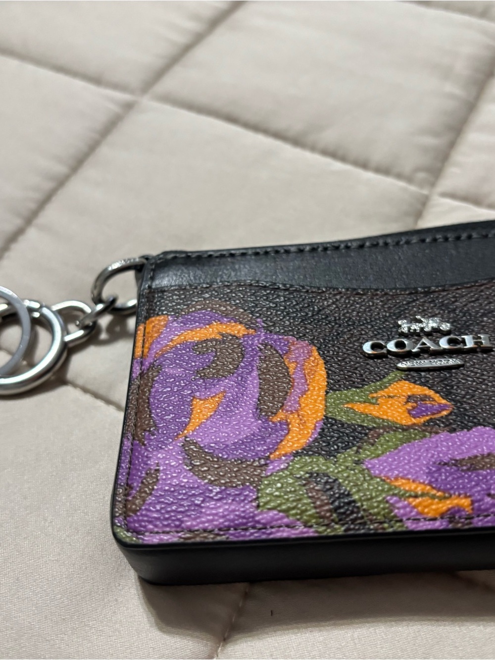 Coach Floral Leather Card Case Key Ring - Purple, Orange, Green on Black